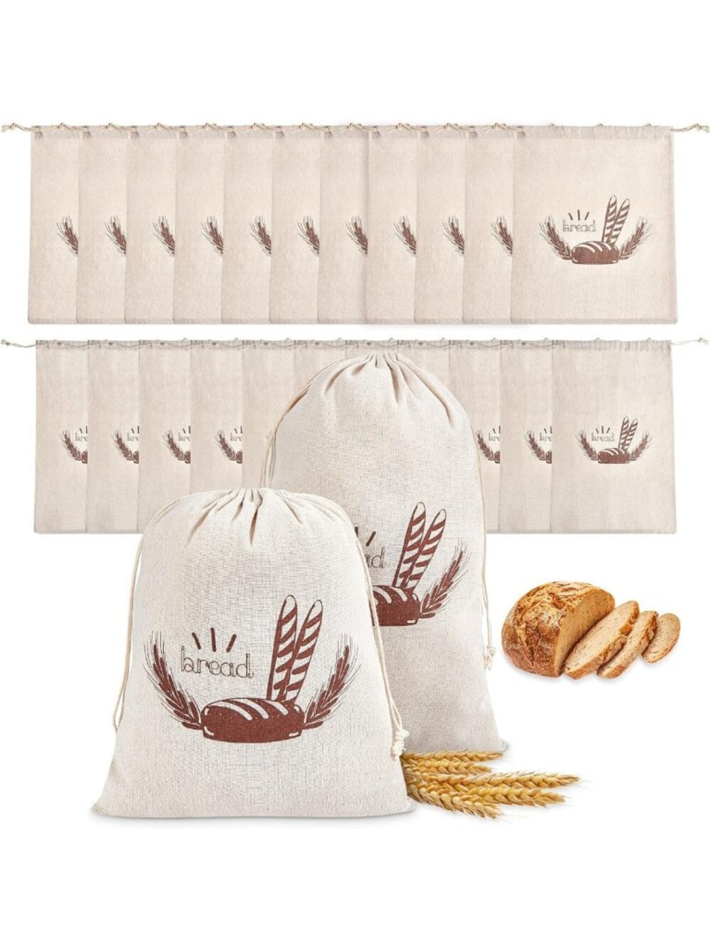 Reusable Linen Bread Bags - 20 Pcs, 2 Sizes for Homemade Bread & Food Storage